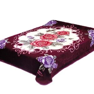 Floral Burgundy Blanket with Red and Purple Roses